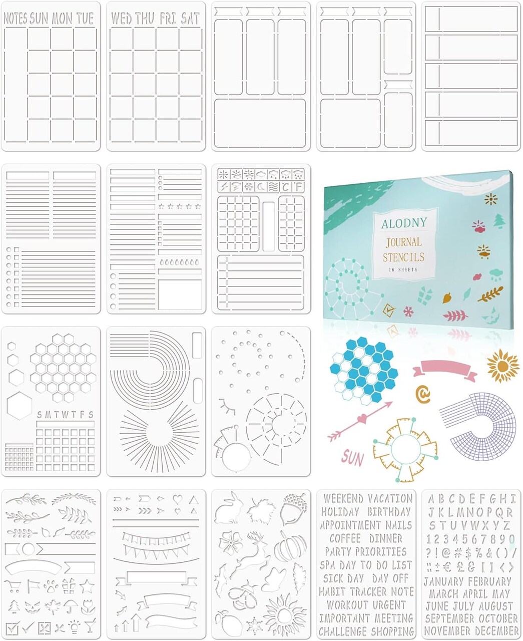 16 PCS Bullet Journal Stencils Set for A5 Notebooks – Reusable Planner Templates for Dotted Journals, Habit Trackers, Calendars, To-Do Lists & DIY Scrapbooking Supplies